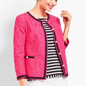 Talbots RSVP pink lace overlay blazer navy accents pearl buttons 4P